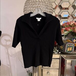Halston Heritage Black Ribbed Collared Knit Top M